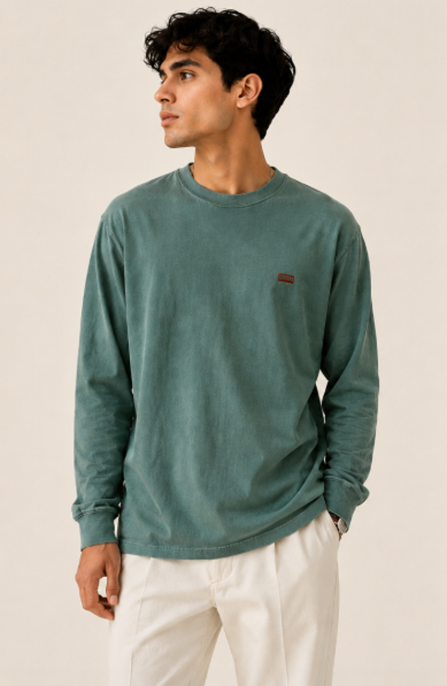 Kith Men Green Garment Dyed Long Slv T-Shirt Sz M Logo Casual Streetwear Skate